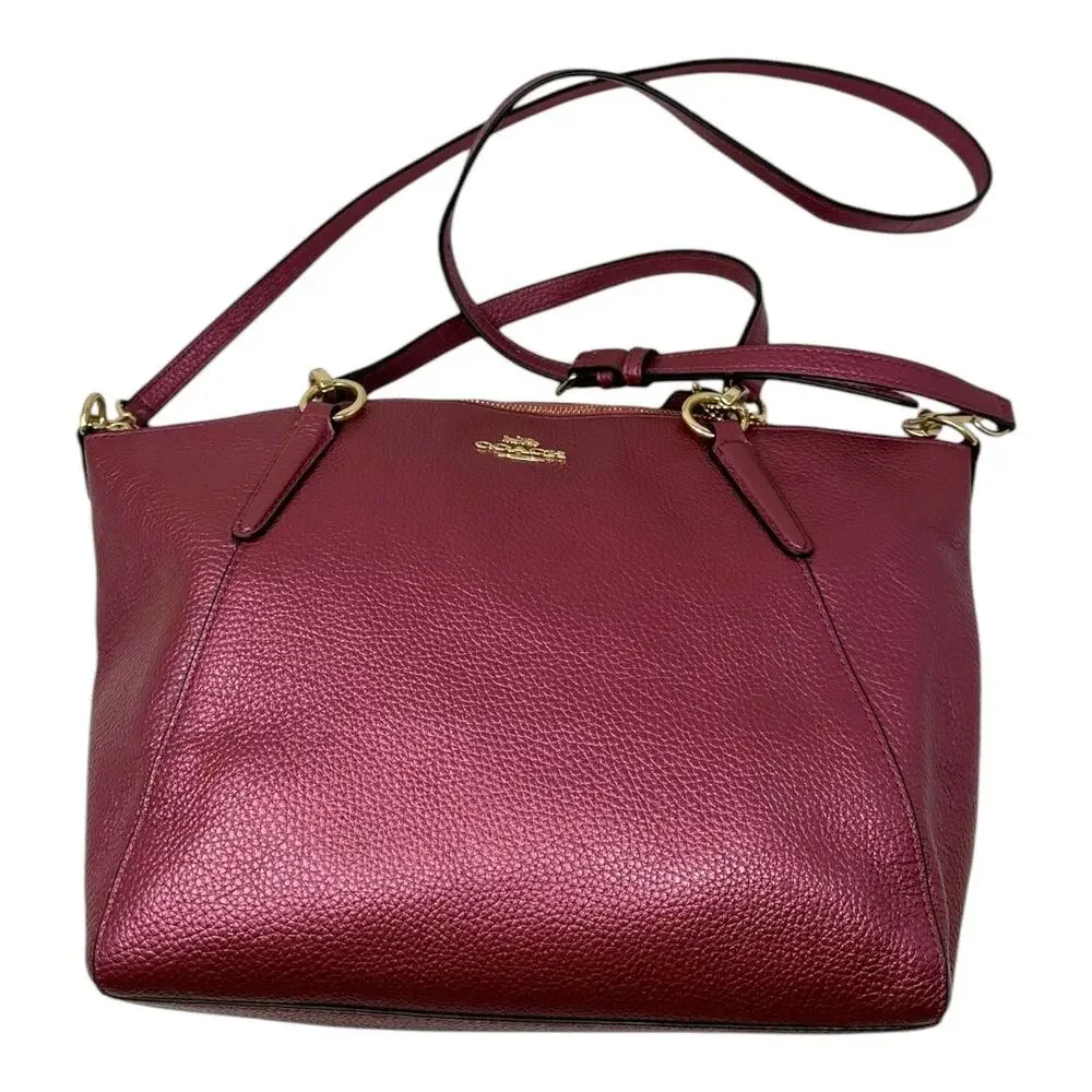 Coach Pebbled Leather Satchel Crossbody Bag Metallic Burgundy Gold Hardware